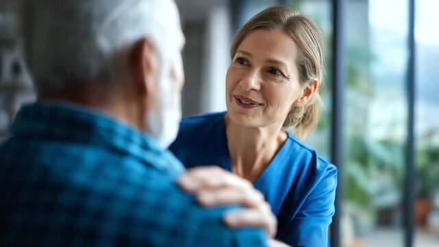 Smiling nurse helping elderly man get up from bed mid shot from behind nurse patient profile cropped at eyes gentle morning light compassionate care mobility help faceless