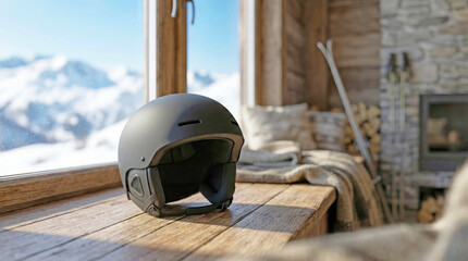Ski helmet on wooden table in alpine cabin with snowy mountain view
