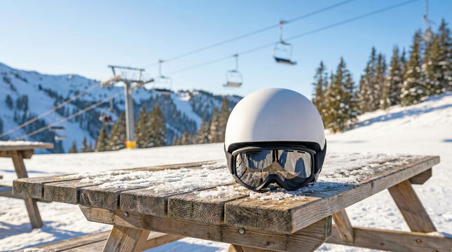 Ski helmet and goggles on wooden table at snowy mountain resort