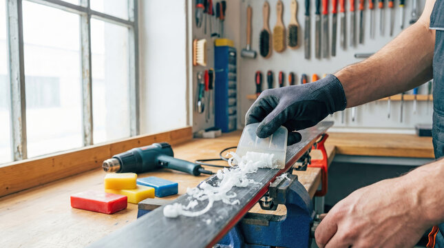 Ski wax and scraper tool being applied on ski base in workshop