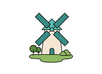 Fototapeta premium A lone windmill against a white backdrop, an old European post mill serving as a farm structure for agricultural use, depicted in a colorful flat cartoon illustration of a countryside building