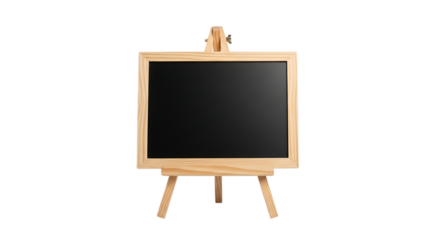 Small wooden easel, holding a blank black chalkboard for writing messages, isolated on a white or transparent background, cutout, PNG