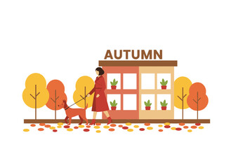 Obraz premium A hand‑drawn vector template for an autumn‑themed greeting card, poster, and seasonal postcard featuring falling leaves, a young woman strolling outdoors with her pet, and a smiling girl walking a