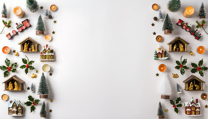 Elegant Christmas flat lay featuring miniature nativity scenes, candles, trees, and holly berries, ideal for holiday marketing and seasonal promotions