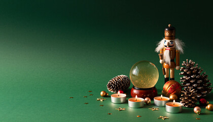 Festive holiday cheer with vintage nutcracker, glowing candles, snow globe, and pine cones creating a warm, inviting Christmas spirit for the season