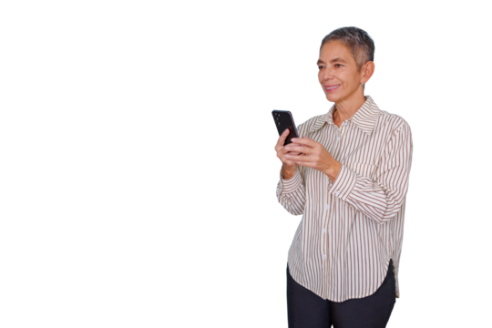Senior asian woman smiling, using a smartphone for texting and social media, enjoying technology on transparent background - Powered by Adobe