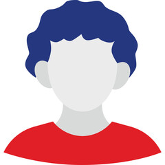 Stylized Headshot Icon of a Person with Curly Blue Hair and Red Shirt Against a Transparent Background Represents Unknown Individual or Placeholder Profile Image