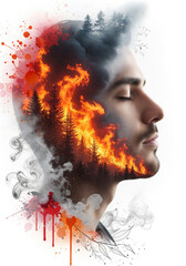 Surreal Double Exposure Man Profile Burning Forest Fire Flames Smoke Paint Splatter Dreamy Cinematic Portrait Inner World Inferno Landscape Art