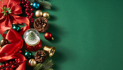 Festive Christmas cheer with ornaments, snow globe, pinecones, and elegant red ribbon, perfect for holiday promotions and seasonal greetings this winter season