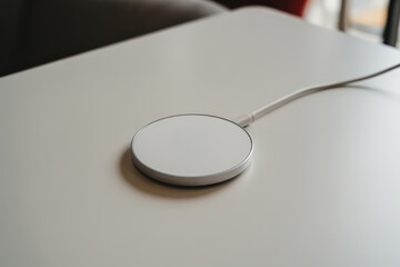 Close up shot of a modern, white, circular wireless charger pad with a cable on a clean, light grey desktop, highlighting minimalistic design, sleek technology, and charging convenience