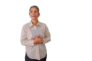 Confident senior woman holding a tablet, looking forward, representing business leadership and innovation on transparent background