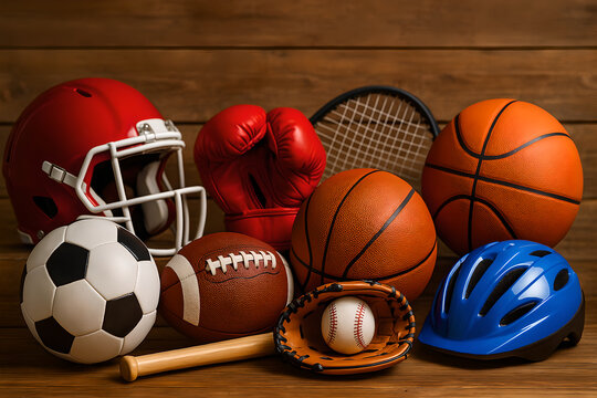 Assortment of sports equipment including balls helmets and gloves arranged on a wooden surface