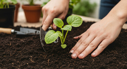 Person planting young seedling in rich soil in garden setting  