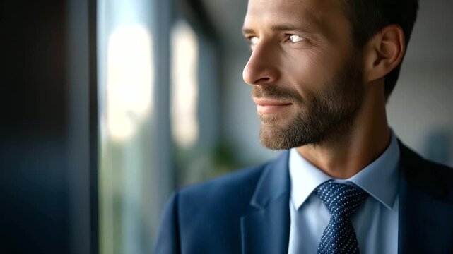 Portrait of successful businessman in office tie and suit detail head cropped at eyes soft window light corporate confidence faceless no visible faces executive portrait