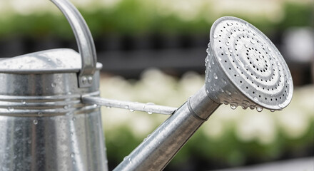 Metal watering can with droplets in garden center setting  