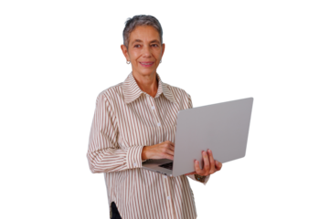 Senior businesswoman working on laptop, smiling, showing digital technology, remote work, transparent background