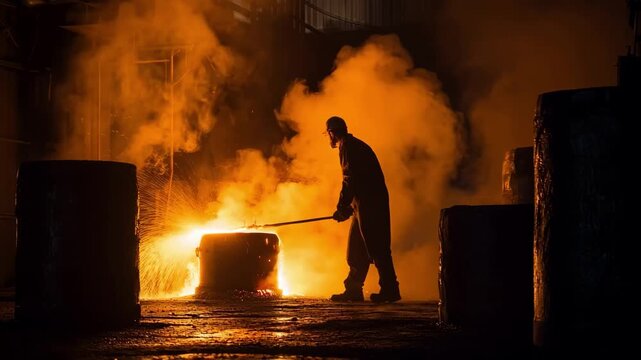 Industrial scene with a skilled laborer inspecting the refractory lining of a pouring ladle during routine maintenance in a manufacturing plant.
