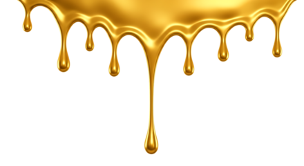 Molten gold liquid, dripping in teardrop shapes with highlights and reflections, isolated on a white or transparent background, cutout, PNG