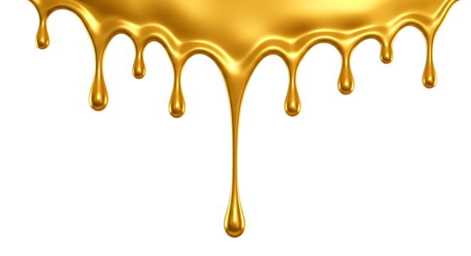 Molten gold liquid, dripping in teardrop shapes with highlights and reflections, isolated on a white or transparent background, cutout, PNG
