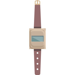 Retro Digital Wristwatch with Brown Leather Strap and Beige Casing Featuring a Light Blue Screen on a Transparent Background Isolated Minimalist Style Illustration