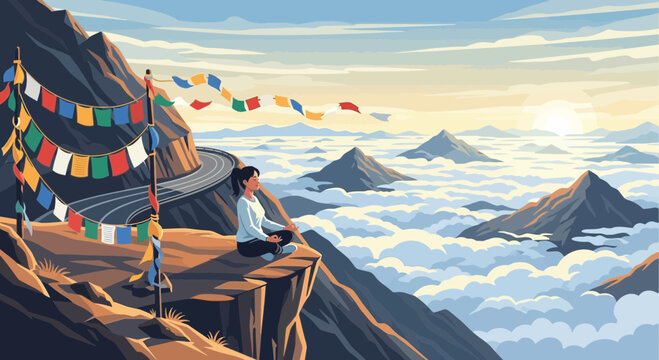 Serene Meditation atop a Himalayan Cliffside with Prayer Flags and Mountainous Vista