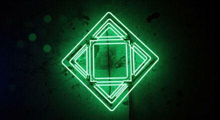 Abstract green neon light squares on a dark textured wall