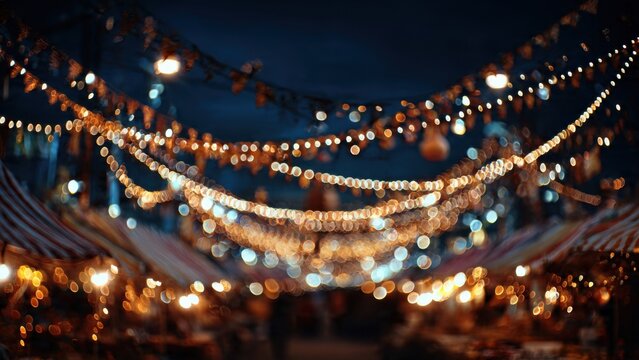 Festive Outdoor Night Market Illuminated by Twinkling String Lights Creating a Magical and Inviting Atmosphere - Powered by Adobe