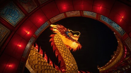 Vibrant Illuminated Dragon Sculpture with Traditional Chinese Architecture at Night During Lunar New Year Celebration