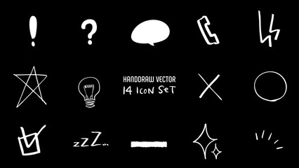 Hand Drawn Vector 14 Icon Set Doodle Scribble Style Thought Emotion Communication / 手書きベクター 14種 アイコンセット 落書き風 思考 感情 コミュニケーション