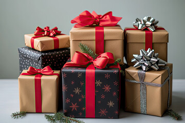 Obraz premium Luxurious Holiday Presents Wrapped in Kraft Paper and Shiny Ribbons