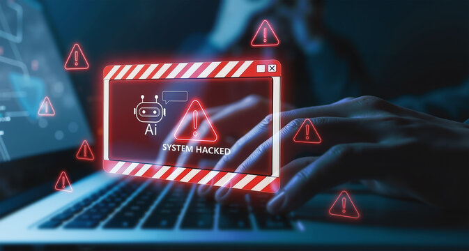 Hacker with AI system hacked warning on a virtual screen, illustrating a cybersecurity threat, data breach, and cybercrime concept. - Powered by Adobe