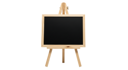 Wooden framed blackboard, on a tripod easel with a black writing surface, isolated on a white or transparent background, cutout, PNG