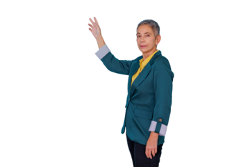 Senior businesswoman making a presenting gesture with arm raised, showing or touching a virtual screen, transparent background
