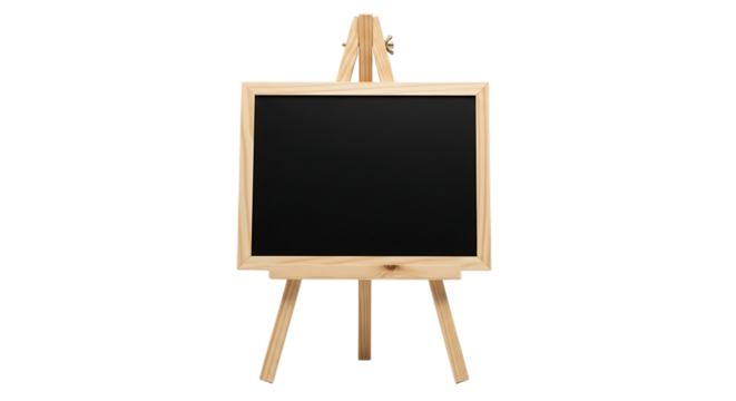Wooden framed blackboard, on a tripod easel with a black writing surface, isolated on a white or transparent background, cutout, PNG
