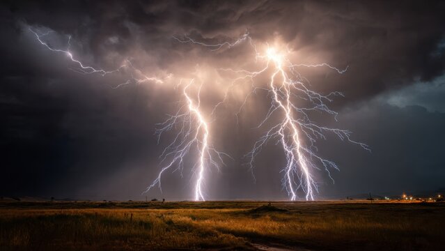 Dramatic Thunderstorm Over Open Field with Striking Lightning Bolts Illuminating Night Sky and Storm Clouds - Powered by Adobe