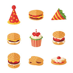 Cartoon Food Icons Party Hat Cupcake Burgers and Sandwiches.