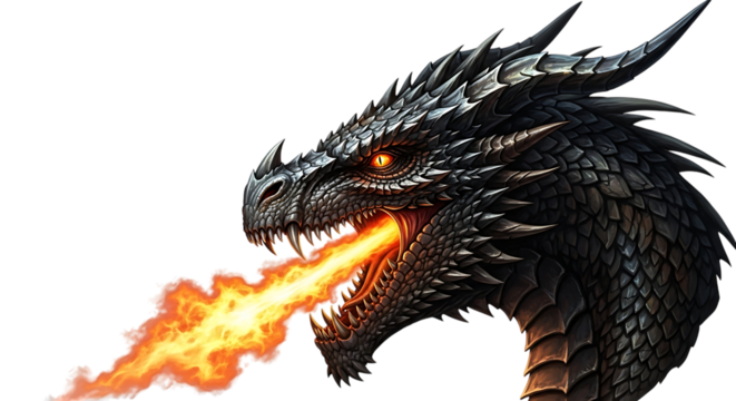 Detailed close up of a fearsome grey dragon head, breathing a bright orange fire stream, isolated on a white or transparent background, cutout, PNG