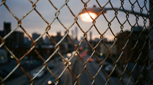 Chain Link Fence Urban Scene Blurred Cityscape Background Night