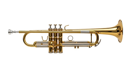 Obraz premium Shiny Brass Trumpet, with Silver Accents and Valves, isolated on a white or transparent background, cutout, PNG