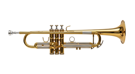 Shiny Brass Trumpet, with Silver Accents and Valves, isolated on a white or transparent background, cutout, PNG