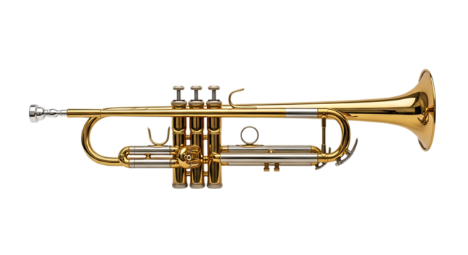 Shiny Brass Trumpet, with Silver Accents and Valves, isolated on a white or transparent background, cutout, PNG