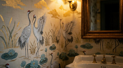 Cranes Wading Chinoiserie Wallpaper Luxury Interior Texture Detail