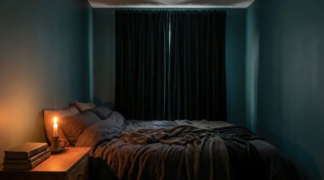 Candlelit Bedroom Dark Velvet Curtains Nighttime Ambiance Focus