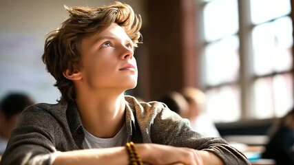 Happy teenager daydreaming in classroom back or side profile cropped at eyes window light student reflection faceless no visible faces education with copy space