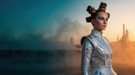 Fashion Model With Space Buns Against Teal Orange Background