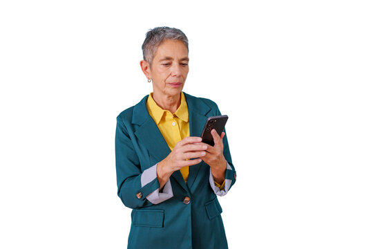 Mature businesswoman using smartphone, navigating mobile technology for communication and online business on transparent background
