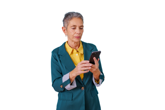 Mature businesswoman using smartphone, navigating mobile technology for communication and online business on transparent background