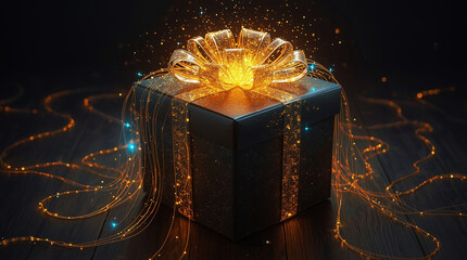 Black gift box with glowing golden ribbon and sparkling magical light trails on dark wooden surface creating a luxurious festive atmosphere full of wonder and celebration