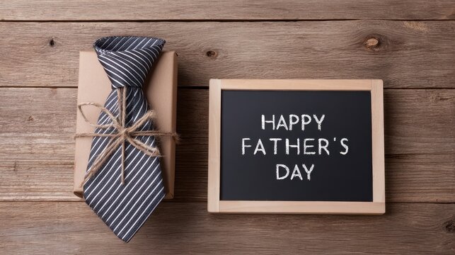 Gift box with a striped tie and chalkboard sign celebrating Father's Day, showcasing thoughtful present ideas for dads on special occasions