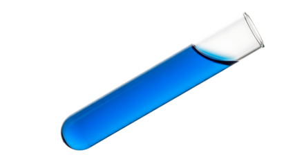 Clear glass test tube, filled with vibrant blue liquid tilted on a dark background, isolated on a white or transparent background, cutout, PNG